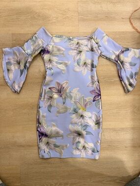 bebe Lilac Floral Satin Dress with Pastel Accents